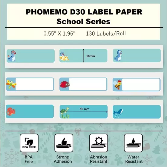 Phomemo D30 3 Roll Adhesive Cute Pattern Label Paper 0.55" x 1.96" 14mm 