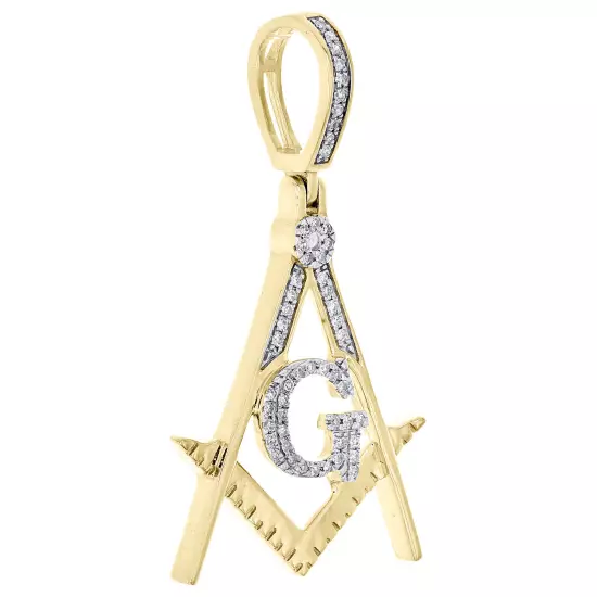 10K Yellow Gold Diamond Freemason Masonic Square & Compass Pendant Charm 1/8 CT.