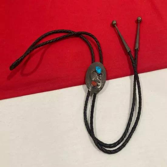 Vintage Sterling Silver 925 Bolo Tie With Turquoise & Coral Western Southwestern