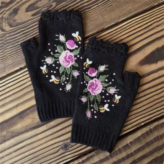 Women Handmade Embroidery Gloves Knit Gloves Flower Gloves Hand Knit Fingerless