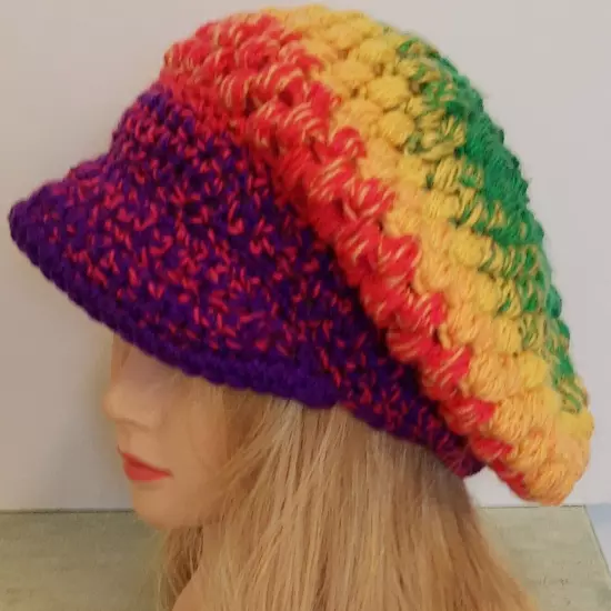 Slouchy Hippie Cap w/Brim Rainbow Hand Crocheted Puff Stitch Adult/Teen Boho