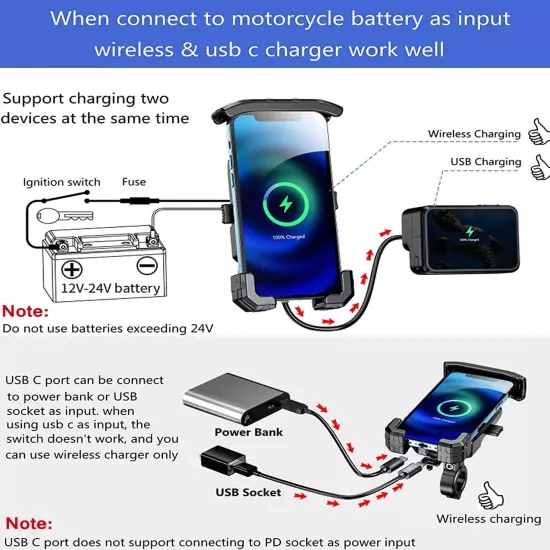 KEWIG Waterproof Motorcycle Phone Mount Qi 15W Wireless & USB C 20W Fast Chargei