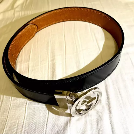 GUCCI Interlockin Buckle Leather Silver Belt Men