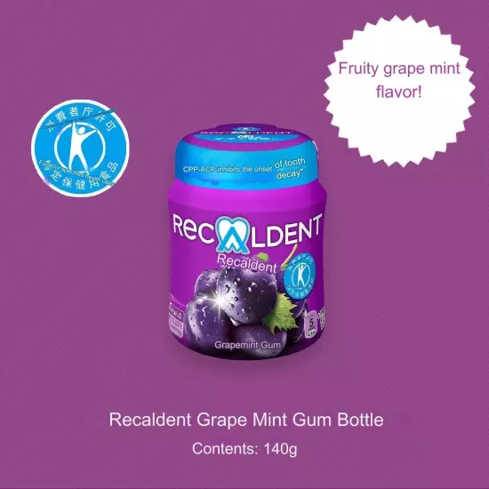 Recaldent Grape Mint Gum Bottles Dental CPP-ACP 140g x 12 Sugar-less Pepper JP