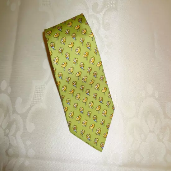 Salvatore Ferragamo Yellow Green 100% Silk Floral Daisy Print Neck Tie