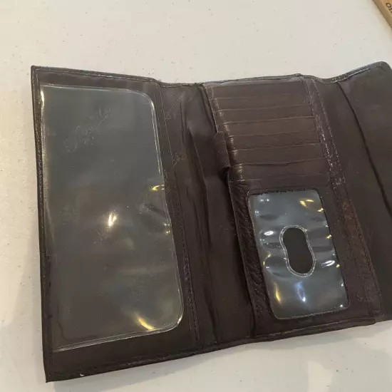 Vintage Fossil Wallet Checkbook Brown Aged Patina Leather Bi-fold Credit Card