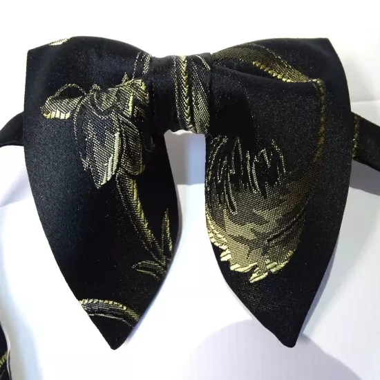 Handmade Oversized Brocade Bow tie Black/Gold Vintage style 70's Wedding Prom