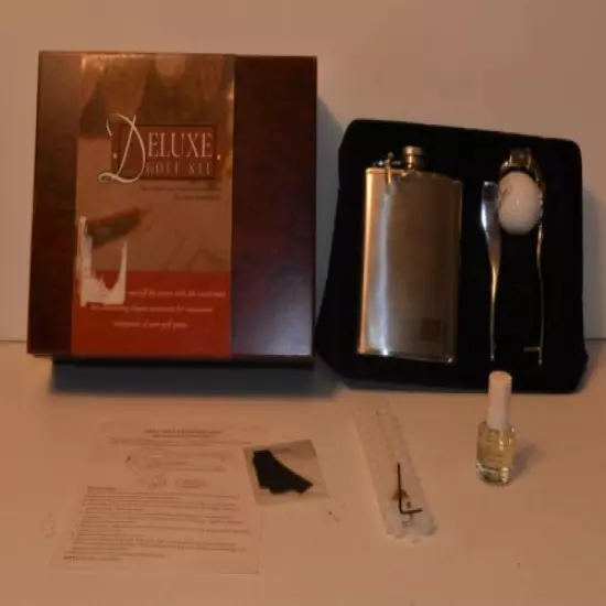 NIB Deluxe Golf Kit in Solid Wood Box w Pocket Flask and Golf Ball Personalizer 