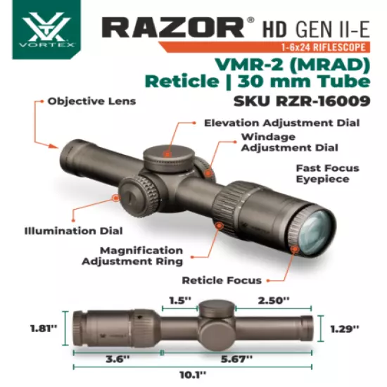 Vortex Optics Razor HD Gen II-E 1-6x24 VMR-2 MRAD Riflescope with Rings and Hat