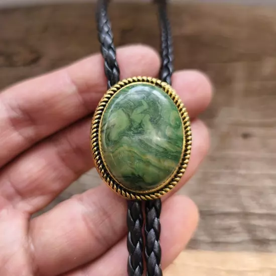 Golden Green Forest Jade Bolo Tie Wedding Necklace for Men Women Western Cowboy