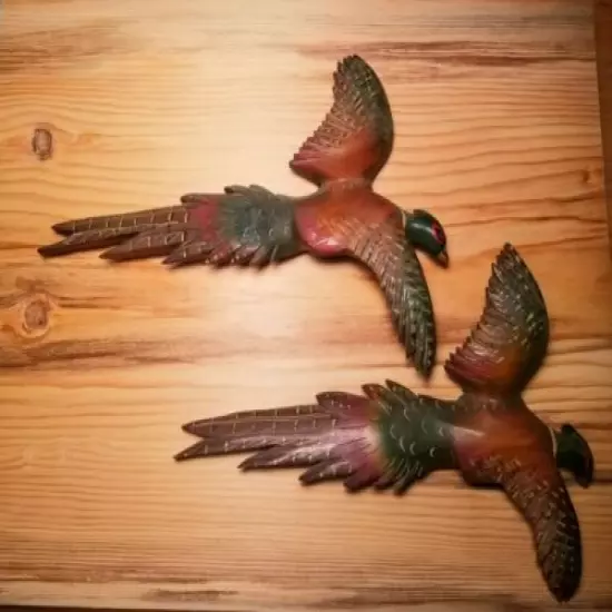 Pair VINTAGE Carved Pheasants Hand Painted Carved Cedar