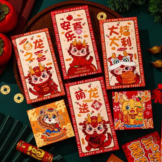 6PCS Chinese New Year Lucky Red Envelope Symbol Of Dragon Year 2024 Red EnveloJO