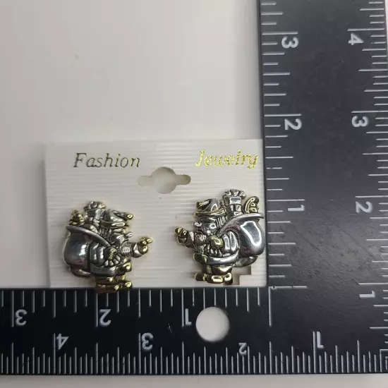 Vintage Santa Claus Christmas Silver & Gold Tone Clip Earrings 1" NEW Deadstock