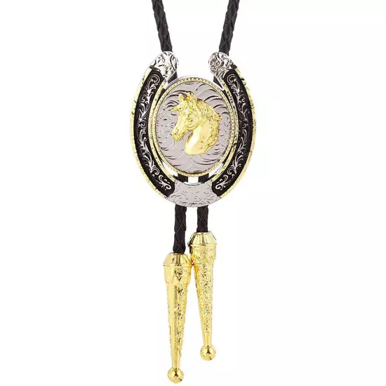 Bolo Tie for Men- Western Cowboy Native American Golden Horse Leather Necktie