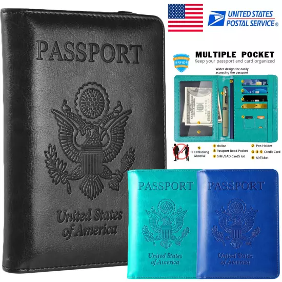 US Passport Holder Leather RFID Blocking Cover Leather Travel Wallet Case Card 