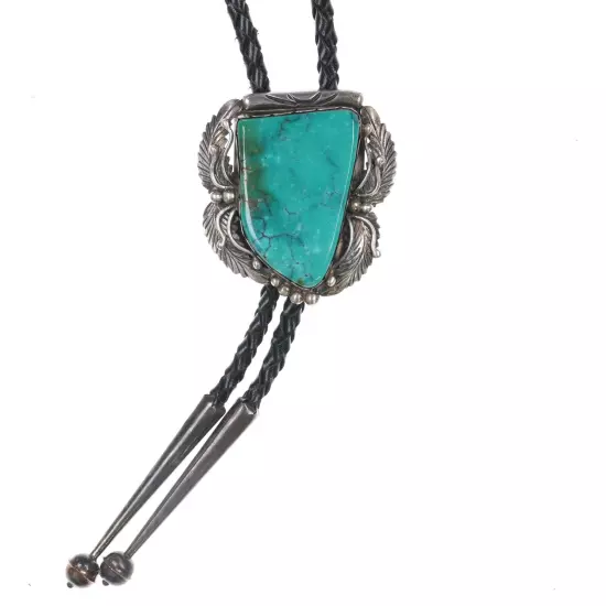 1980's AL Native American sterling high grade turquoise bolo tie