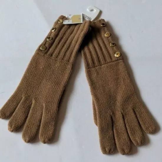 Michael Kors Camel Gold Button Stretchy Winter Gloves NWT