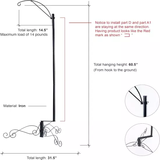 HOHIYA 61 Inch Bird Cage Stand Shepherd Hook Hanging for Pet Black 