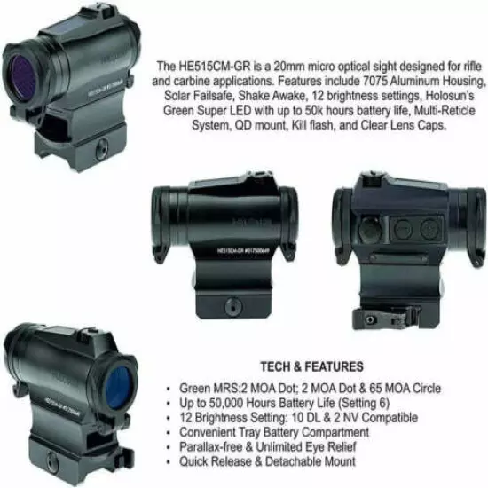 Holosun HE515CM-GR 2 MOA Green Dot Sight w/ Pen and Battery & Cloth Bundle