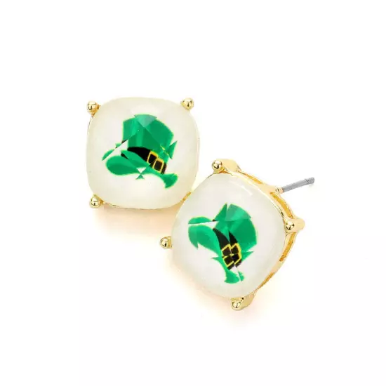 White St. Patrick's Day Hat Cushion Square Stud Earrings