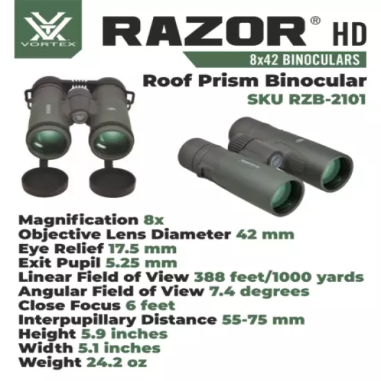 Vortex Optics Razor HD 8x42 Binocular RZB-2101 with Free CD Hat and Pen Bundle