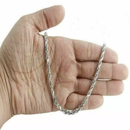 Solid 925 Sterling Silver Italian Rope Chain Mens Necklace 3.5mm - Diamond Cut