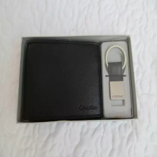 NWB Calvin Klein Black Leather Passcase Wallet and Key Fob Set $45