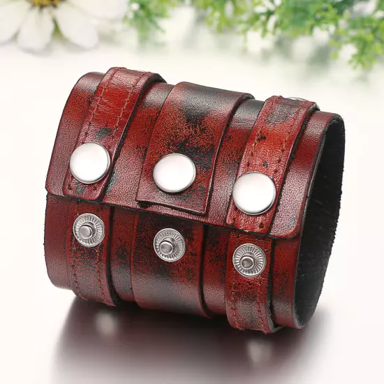 Men's Punk Rocker Biker Gothic Heavy Wide Leather Straps Wristband Cuff Bracelet