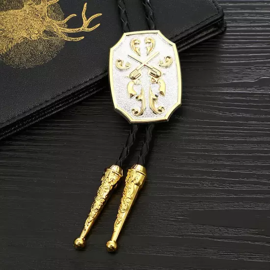 Mens BOLO Tie Two-color Double Gun Wedding Necklace Alloy PU Rope Western Cowboy