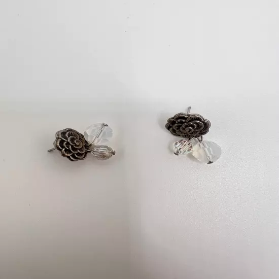 Pewter Tone Textured Rose Flower Stud Earrings w/Dangle Iridescent Clear Beads