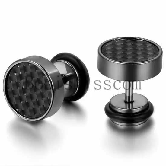 Mens Stud Earrings Stainless Steel Illusion Tunnel Plug Screw Back Carbon Fiber