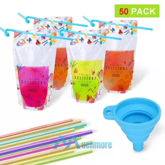 50PACK Disposable Drink Container Straw Set+Zipper Funnel for Cold & Hot Drinks