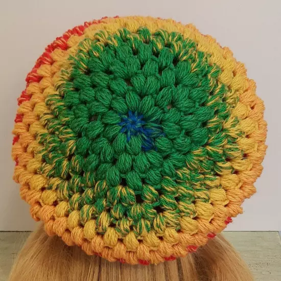 Slouchy Hippie Cap w/Brim Rainbow Hand Crocheted Puff Stitch Adult/Teen Boho