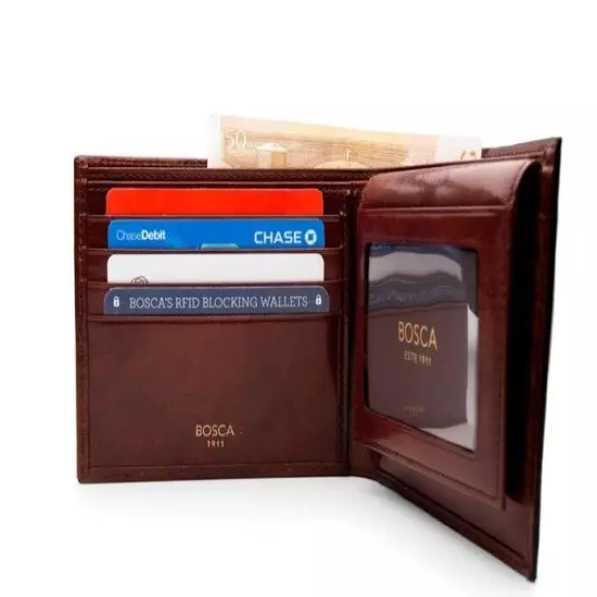 Bosca Leather Credit Wallet w/ID Euro Size Passcase + RFID Color Dark Brown NEW