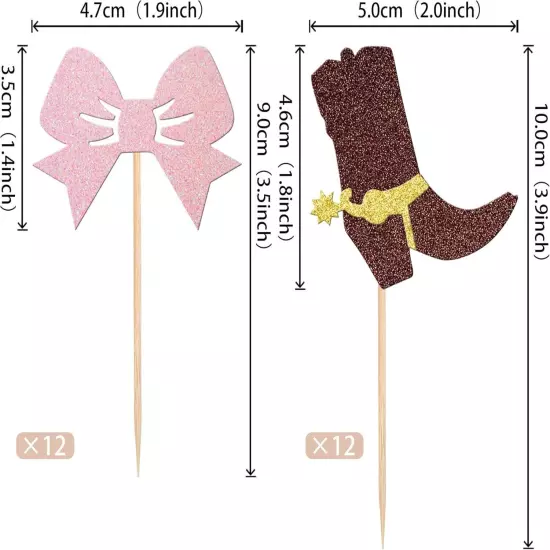 24 PCS Boots or Bows Cupcake Toppers Glitter Boy Girl Pattern 3 