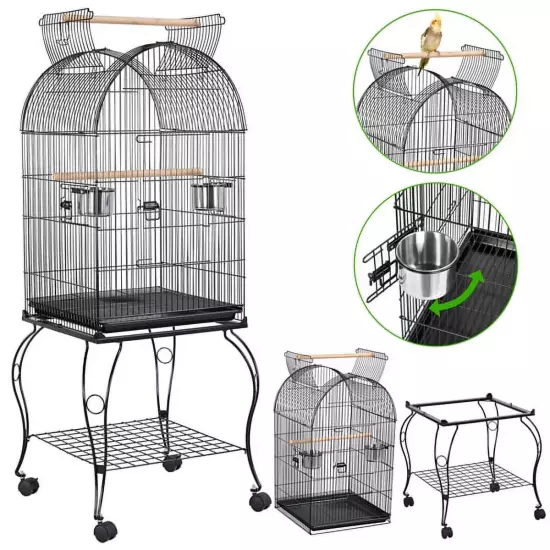 Metal Rolling Bird Cage with 2 Feeders and 2 Wooden Perches, Black