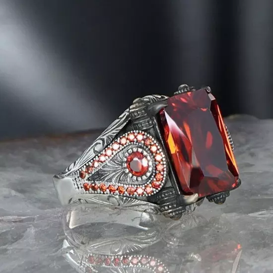 Zircon Stone 925 Sterling Silver Men's Ring Turkish Master Handmade Men's Jewelr