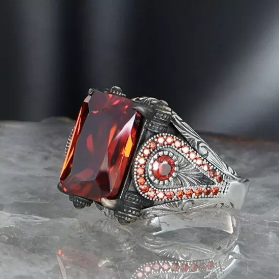 Zircon Stone 925 Sterling Silver Men's Ring Turkish Master Handmade Men's Jewelr