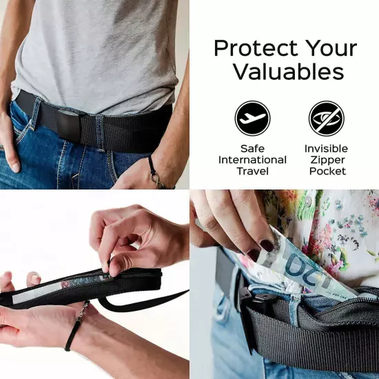 1.2M Travel Security Money Belt Hidden Money Pocket Black Nylon Waist Belt