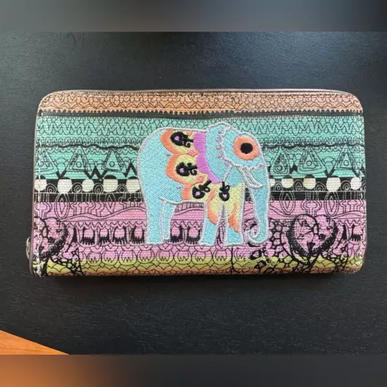 Sakroots colorful embroidered elephant zippered wallet