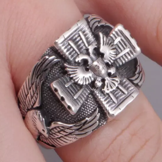 GERMAN 2 HEADED IMPERIAL EAGLE IRON CROSS 925 STERLING SOLID SILVER MENS RING