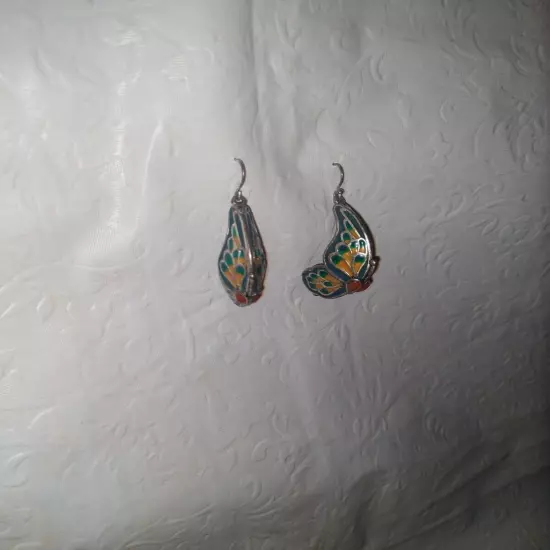  BUTTERFLY EARRINGS - SILVER TONE WITH MULTICOLORED ENAMEL 3-D