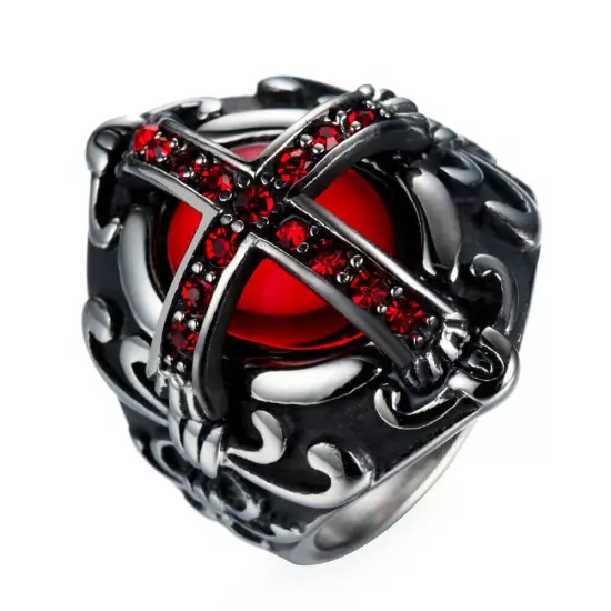 Gothic Cross Vampire Red CZ Blood Ring Stainless Steel Men Crusaders Biker Ring