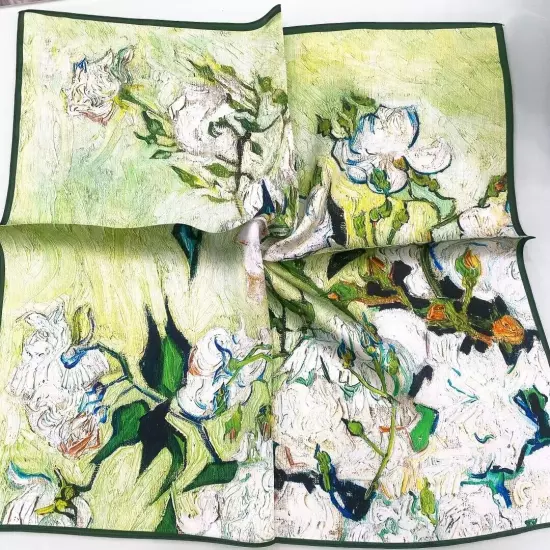 26"X26"Van Gogh White Rose Print Pure Mulberry Satin Silk 12momme Scarf 65x65cm