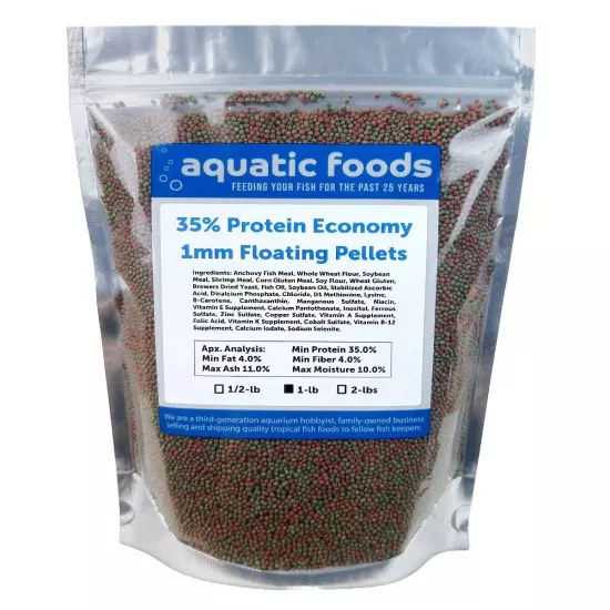 1mm - 1/32" 35% Protein Economy Floating Pellets for Tropicals & More. WL