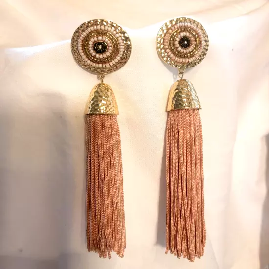 Champagne Pink- TASSLE Gold Tone Beaded Fringe Dangle Earrings 6 INCHES Pierced