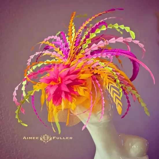 Aimee Fuller Kentucky Derby Fascinator Big Hat Rainbow Yellow Red Royal Ascot