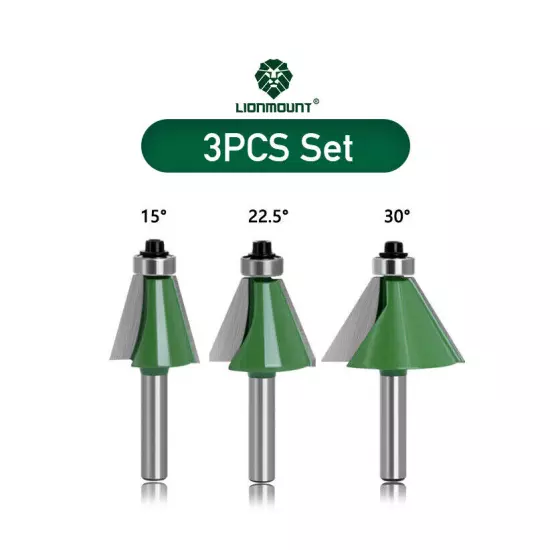 8mm Shank 15° 22.5° 30° Chamfer and Bevel Edging Router Bit GREEN 3PCS Set