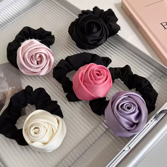 HairBand Silk Satin Rose Flower Ponytail Elastic Rope Ring Handmade Accessories