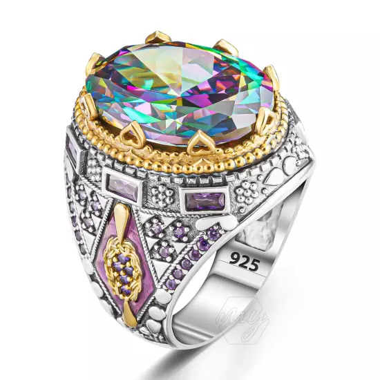 925 Sterling Silver Mystic Topaz Stone Turkish Handmade Men's Ring